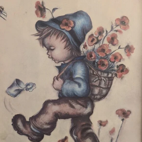 Vintage Bessie Pease Gutmann Print Boy w Flowers Evans Framed Nursery 7x9 - Picture 3 of 9